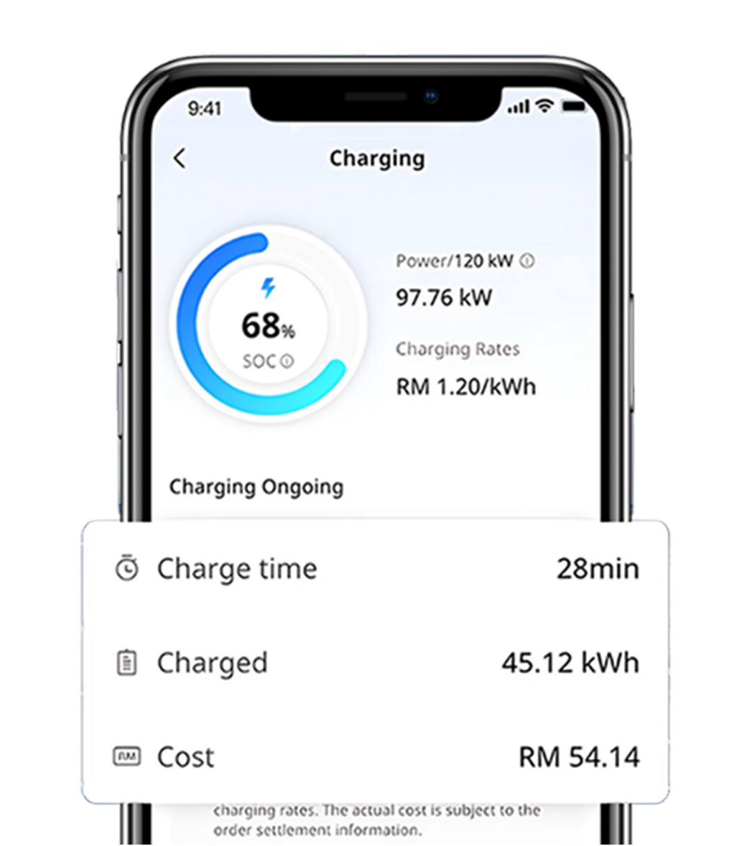 Real-time charging status — monitor charging session progress via EI Charge app